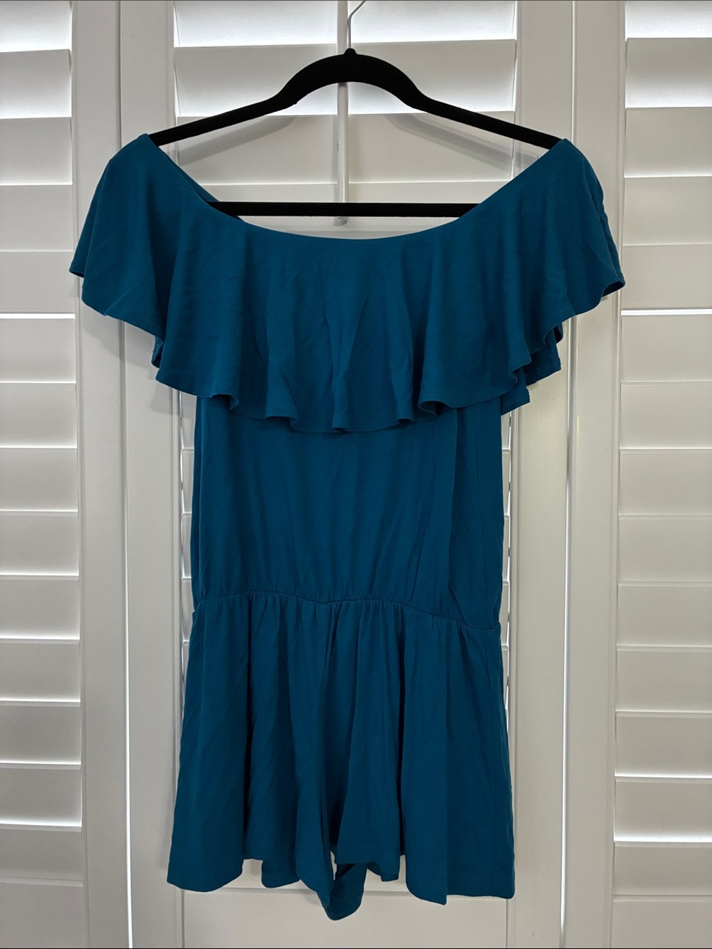Fighting Eel Teal Off the Shoulder Ruffle Romper, Size XS